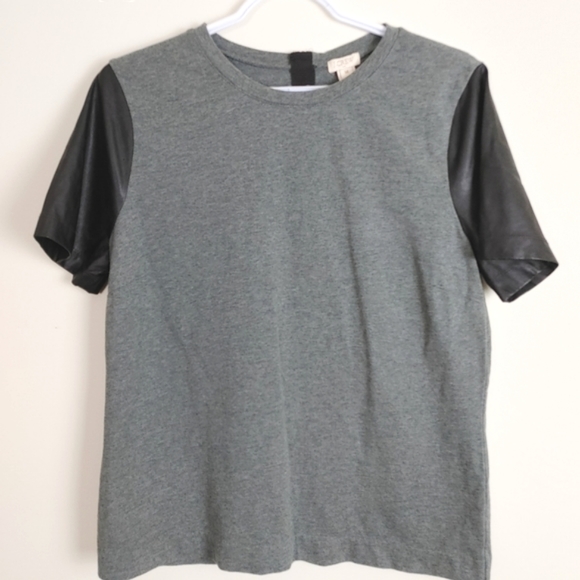 J Crew Grey T-shirt Faux Leather sleeves neutral tee zipper back Medium - Picture 1 of 6